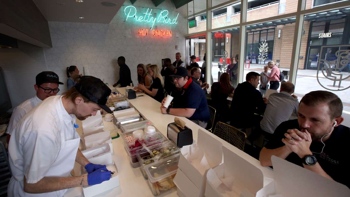 The line is out the door at Pretty Bird on Regent Street in Salt Lake City on April 19, 2018. Pretty Bird, which debuted in 2018 and has four locations in Utah, announced Thursday that it will open a location in Los Angeles.