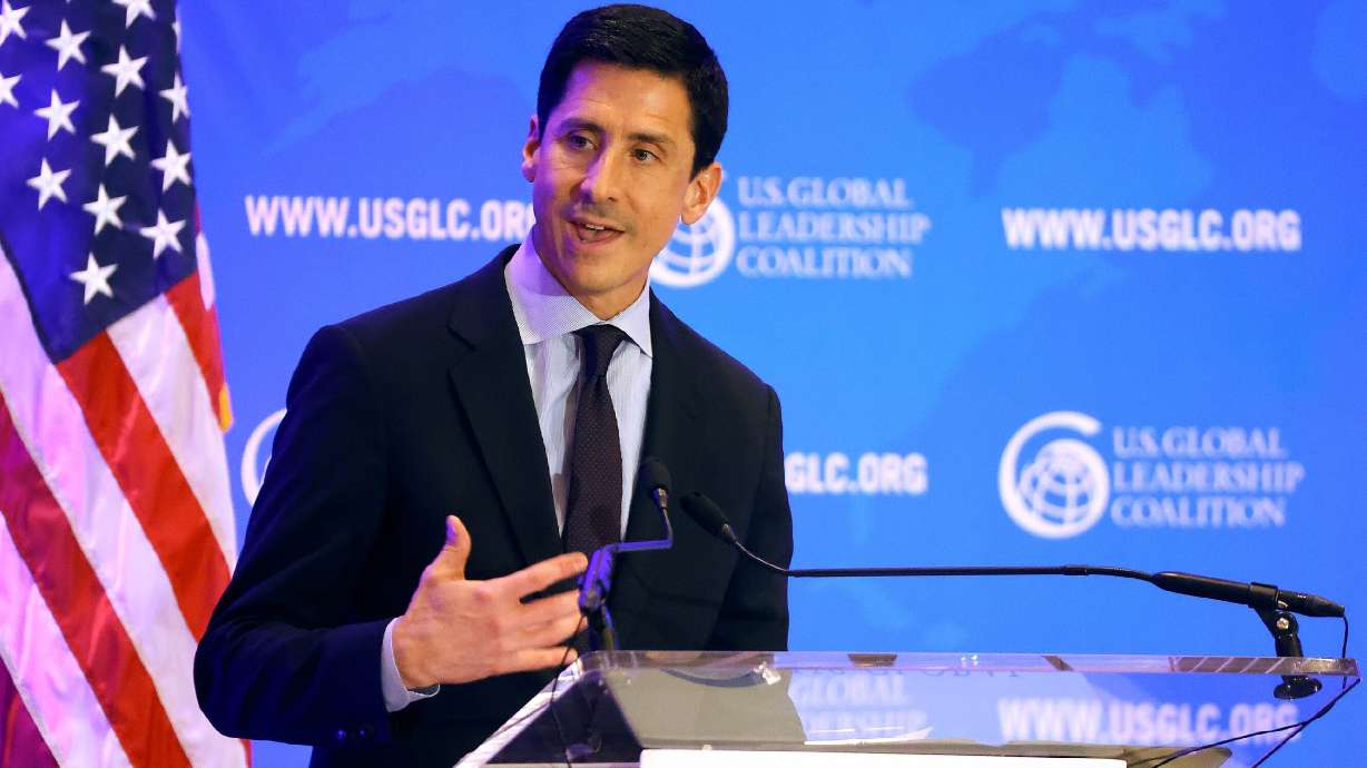 Jonathan Freedman, World Trade Center Utah president and CEO, speaks at America and the World: How Utah Wins at the Little America Hotel in Salt Lake City on April 25, 2025.