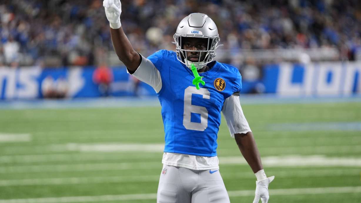 FILE - Detroit Lions cornerback Terrion Arnold reacts to a play against the Green Bay Packers during an NFL football game in Detroit, Nov. 27, 2025.
