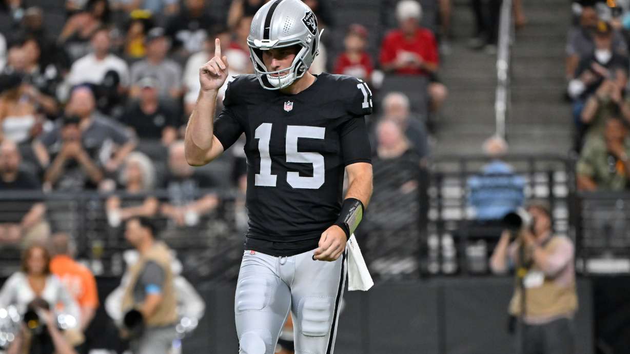 Las Vegas Raiders quarterback Fernando Mendoza (15) pauses on the field during the first half of a preseason NFL football game against the Arizona Cardinals, Thursday, Aug. 13, 2026, in Las Vegas.