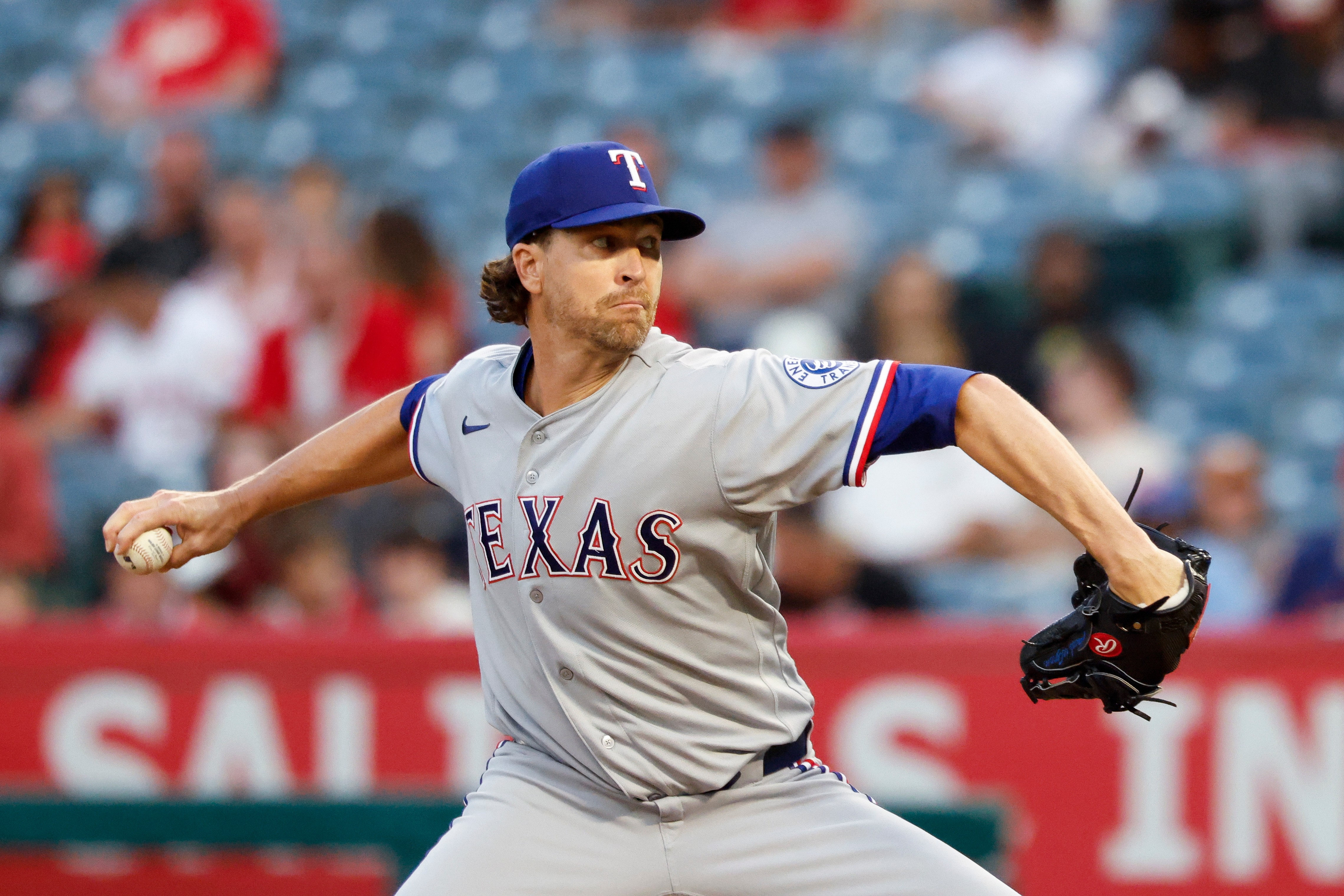 Texas Rangers starting pitcher Jacob Degrom (48) throws during the first inning of a baseball game against the Los Angeles Angels, Thursday, Aug. 13, 2026, in Anaheim, Calif. 