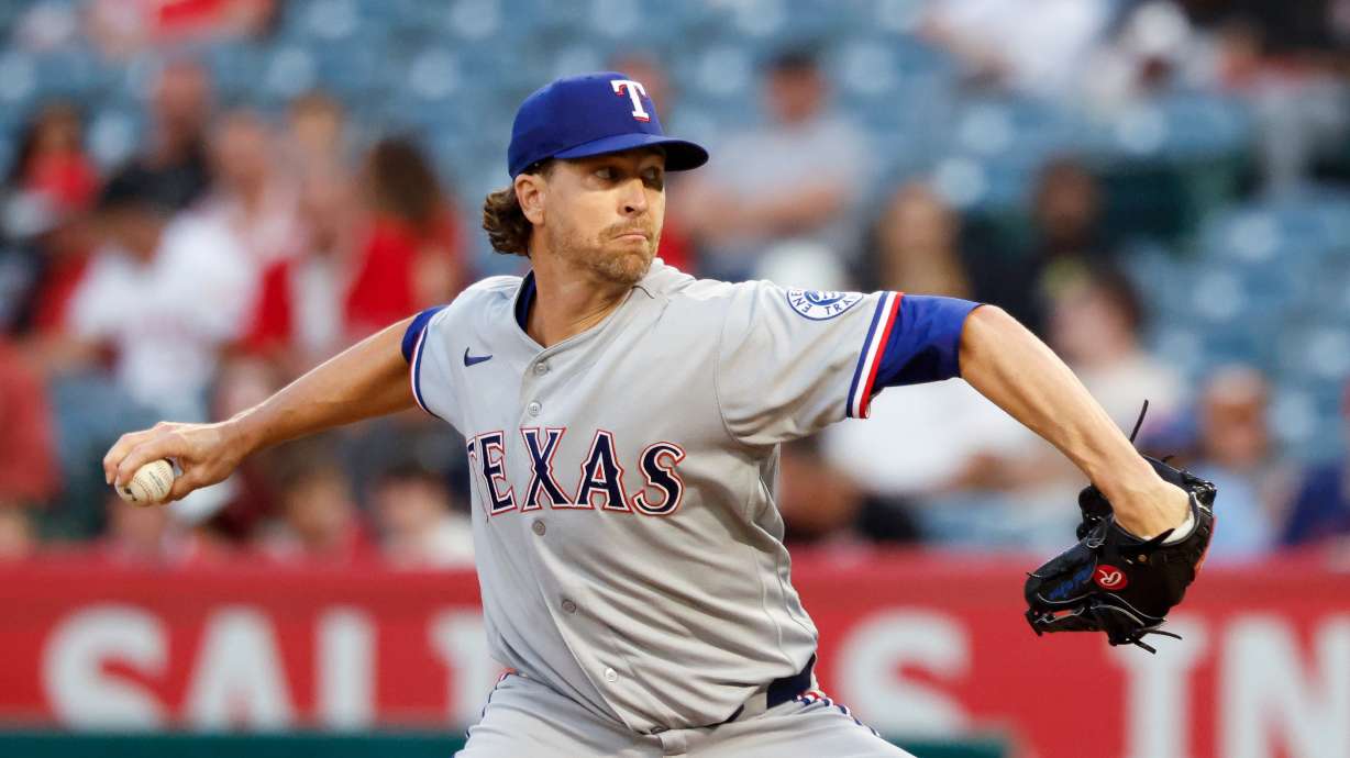 Texas Rangers starting pitcher Jacob Degrom (48) throws during the first inning of a baseball game against the Los Angeles Angels, Thursday, Aug. 13, 2026, in Anaheim, Calif.