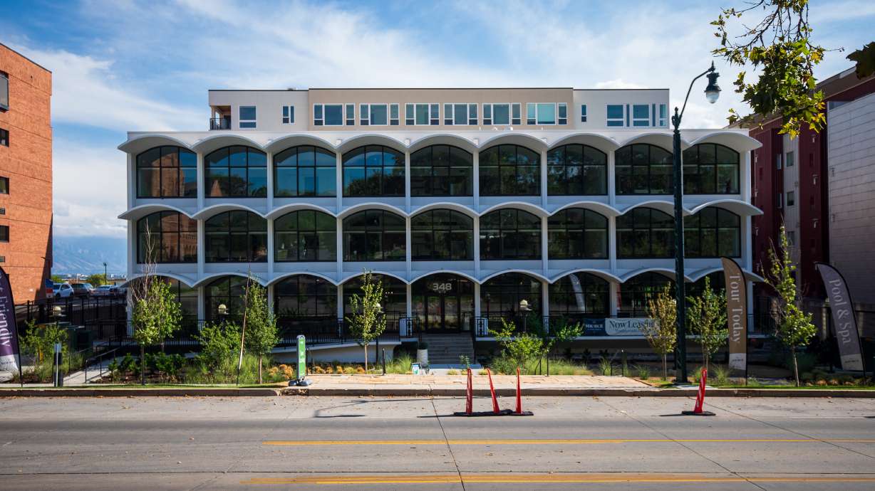 The exterior of The Source on South Temple in Salt Lake City is pictured on Thursday. The building adaptively reused the 64-year-old IBM Building to anchor a major new housing development east of downtown.