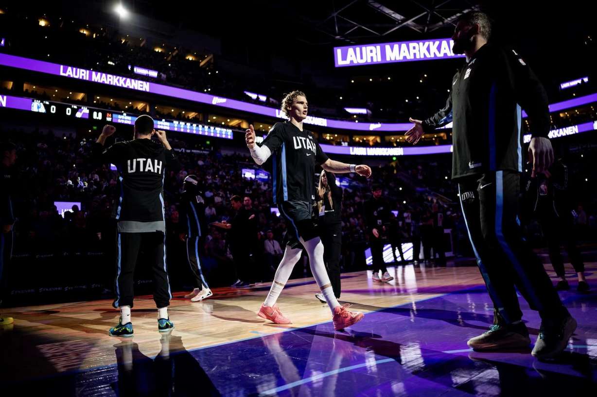 Utah Jazz forward Lauri Markkanen (23) is introduced before an NBA game against the Dallas Mavericks at the Delta Center in Salt Lake City on Jan. 8.
