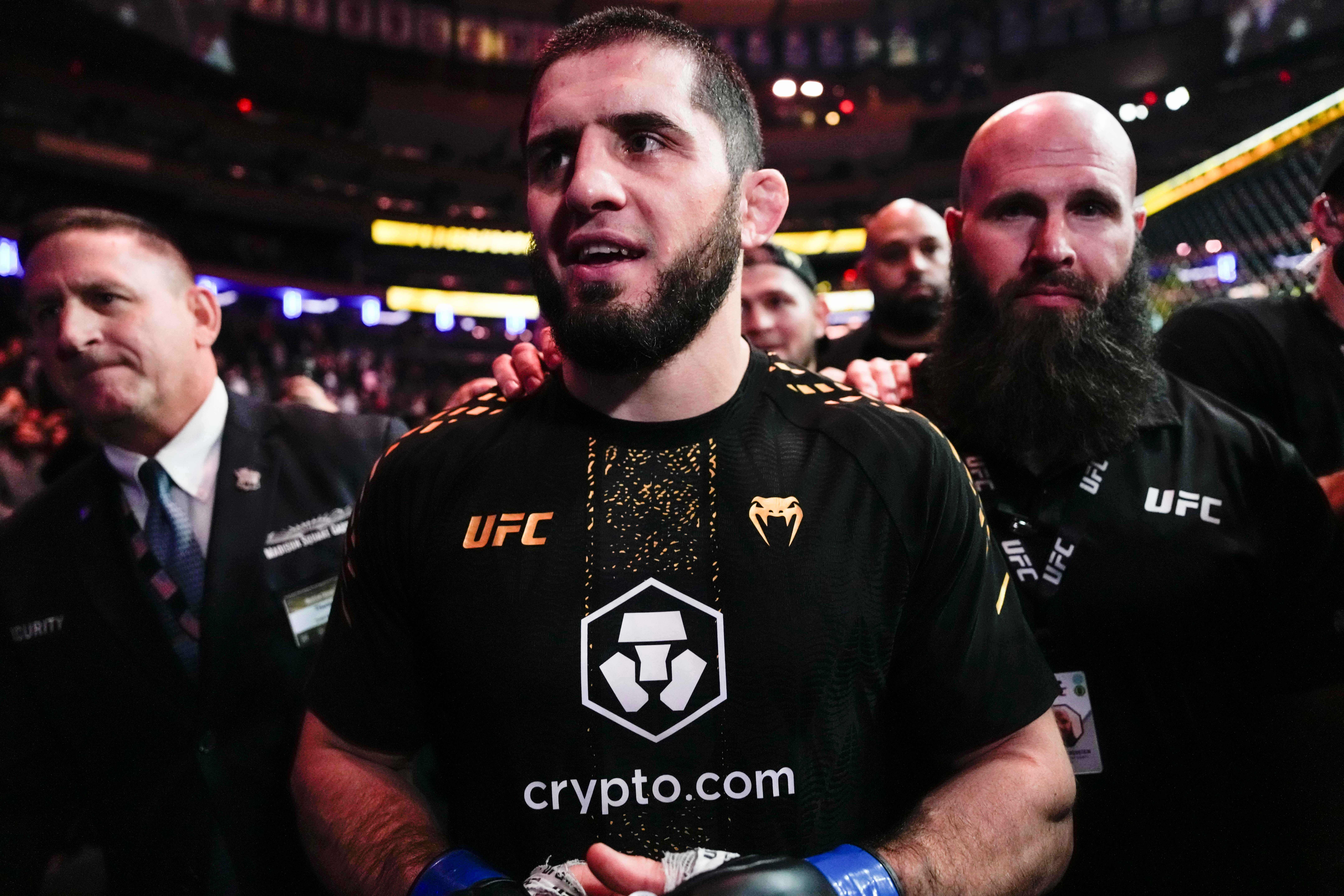 FILE - Russia's Islam Makhachev leaves a welterweight title bout after defeating Australia's Jack Della Maddalena at the UFC 322 mixed martial arts event, Saturday, Nov. 15, 2025, in New York. 