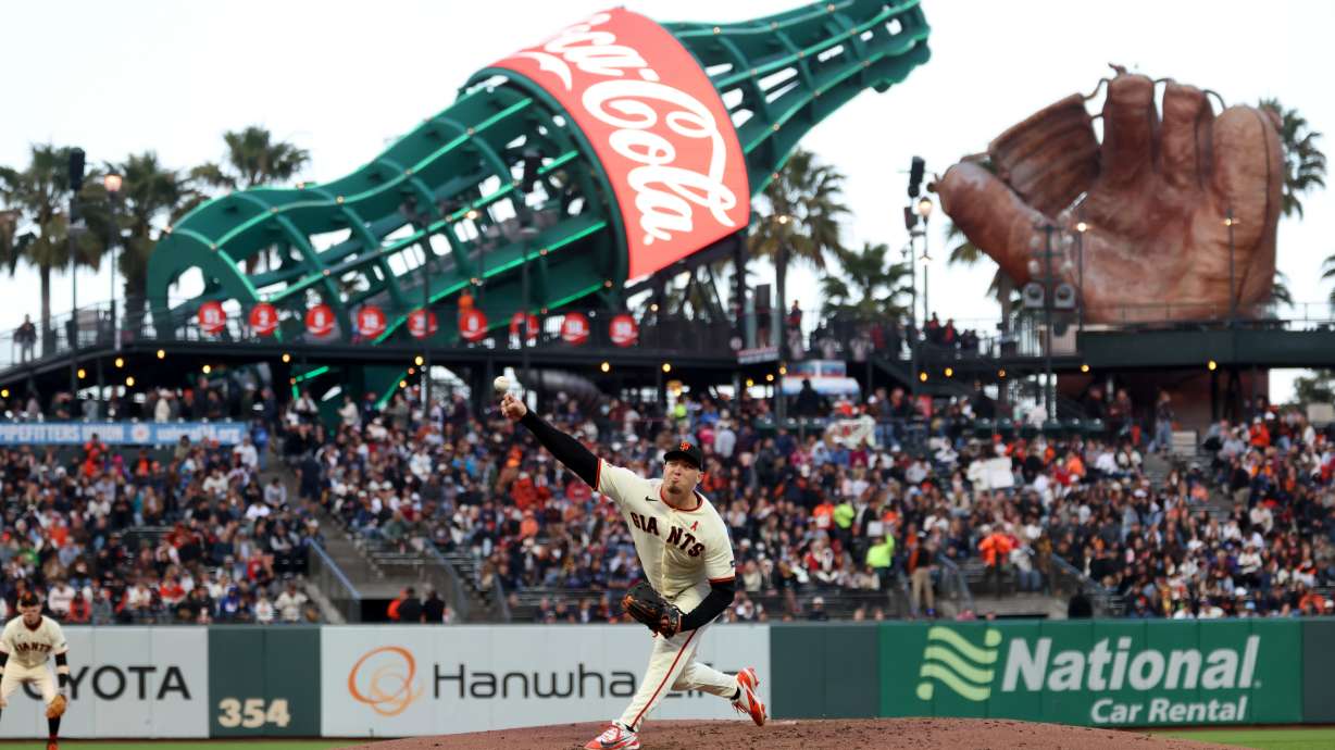 San Francisco Giants pitcher Blade Tidwell throws against the Houston Astros during the fourth inning of a baseball game in San Francisco, Monday, Aug. 10, 2026.