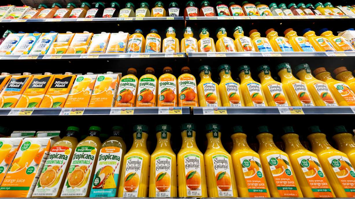 Orange juice is displayed for sale at Dan's Market in Salt Lake City on Oct. 8, 2025.