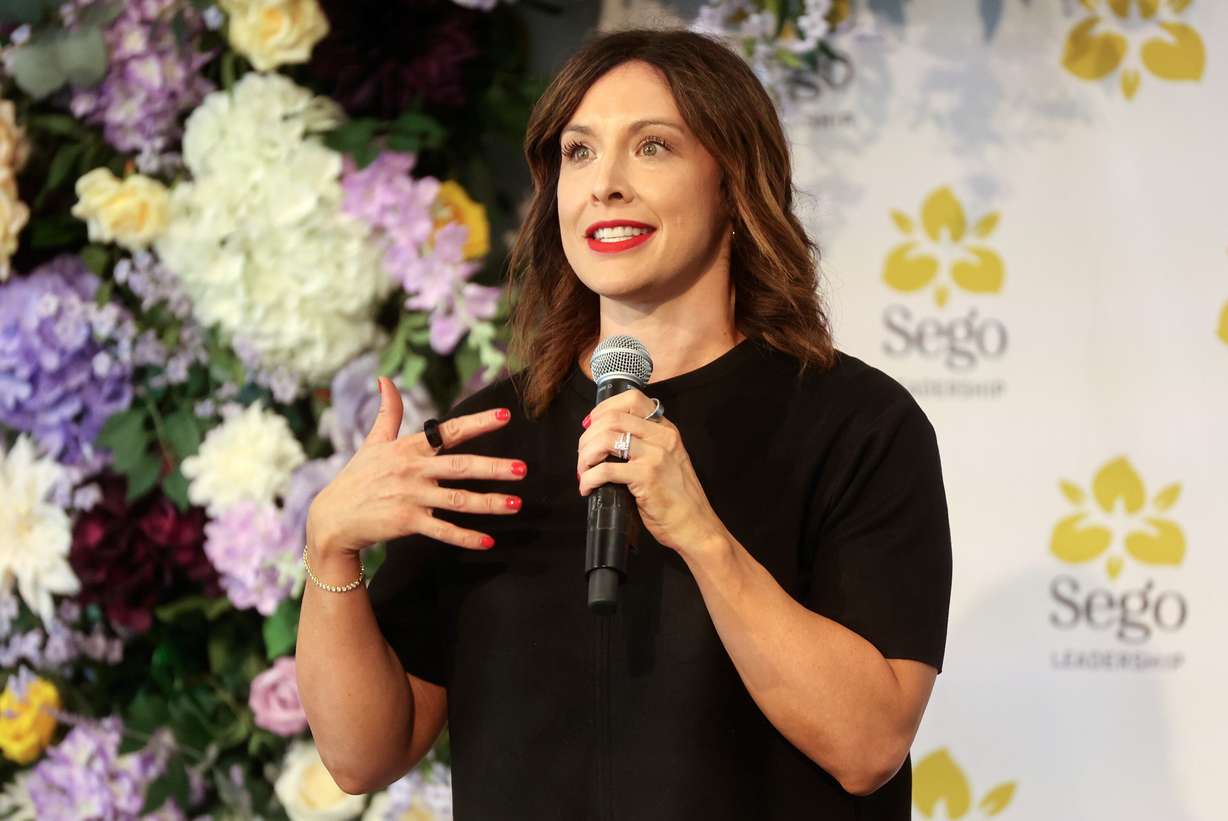 Jessica Collings, Boncom senior brand director, speaks at a press conference about the launch of Sego Leadership at The Other Side Village in Salt Lake City on Thursday.