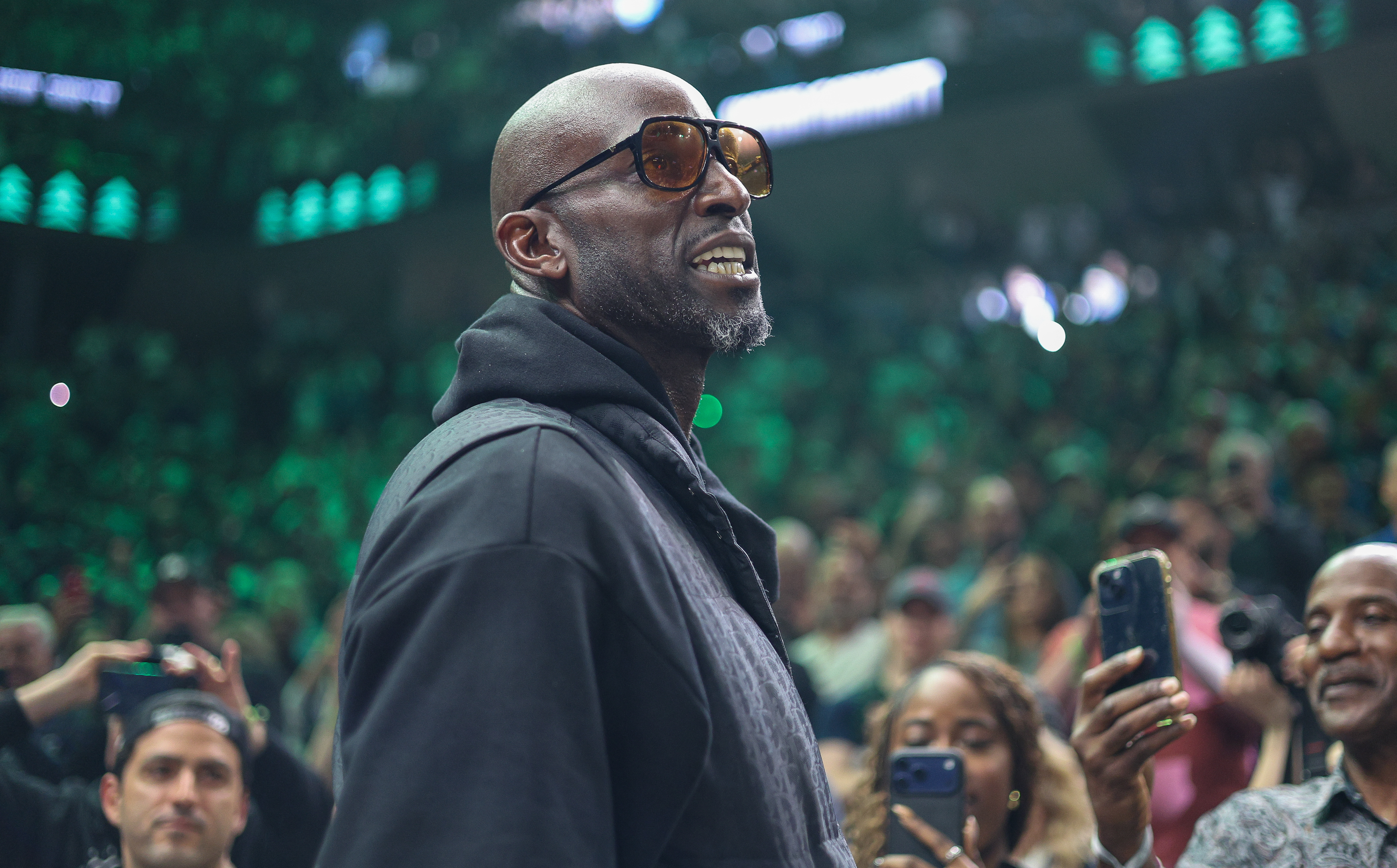 FILE - Former Minnesota Timberwolves player Kevin Garnett is introduced before an NBA basketball game between the New Orleans Pelicans and the Minnesota Timberwolves Sunday, April 12, 2026, in Minneapolis. 