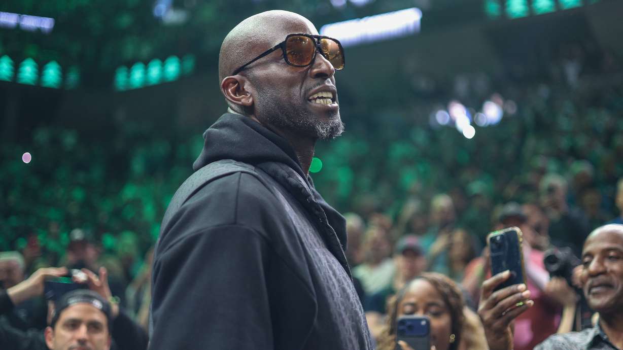FILE - Former Minnesota Timberwolves player Kevin Garnett is introduced before an NBA basketball game between the New Orleans Pelicans and the Minnesota Timberwolves Sunday, April 12, 2026, in Minneapolis.