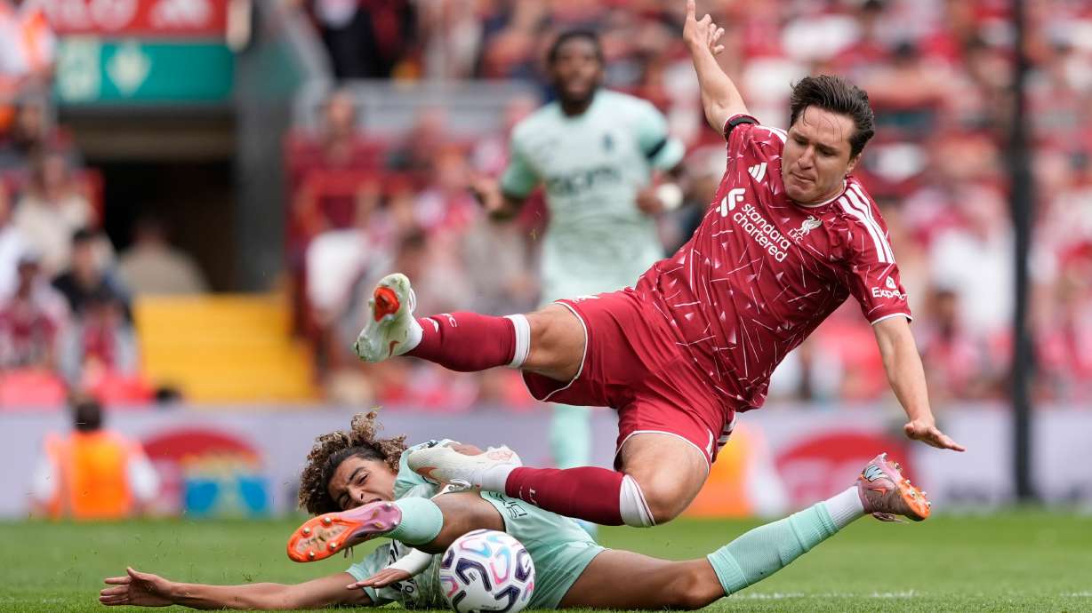 Monaco's Anis Soubeir and Liverpool's Federico Chiesa, right, in action during the pre-season friendly soccer match between Liverpool and AS Monaco in Liverpool, England, Sunday Aug. 9, 2026.