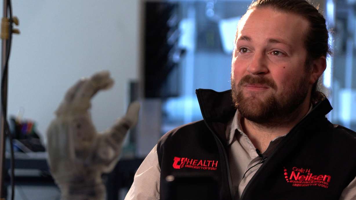 Jacob George runs the Utah NeuroRobotics Lab at the University of Utah's Neilsen Rehabilitation Hospital on Feb. 11.