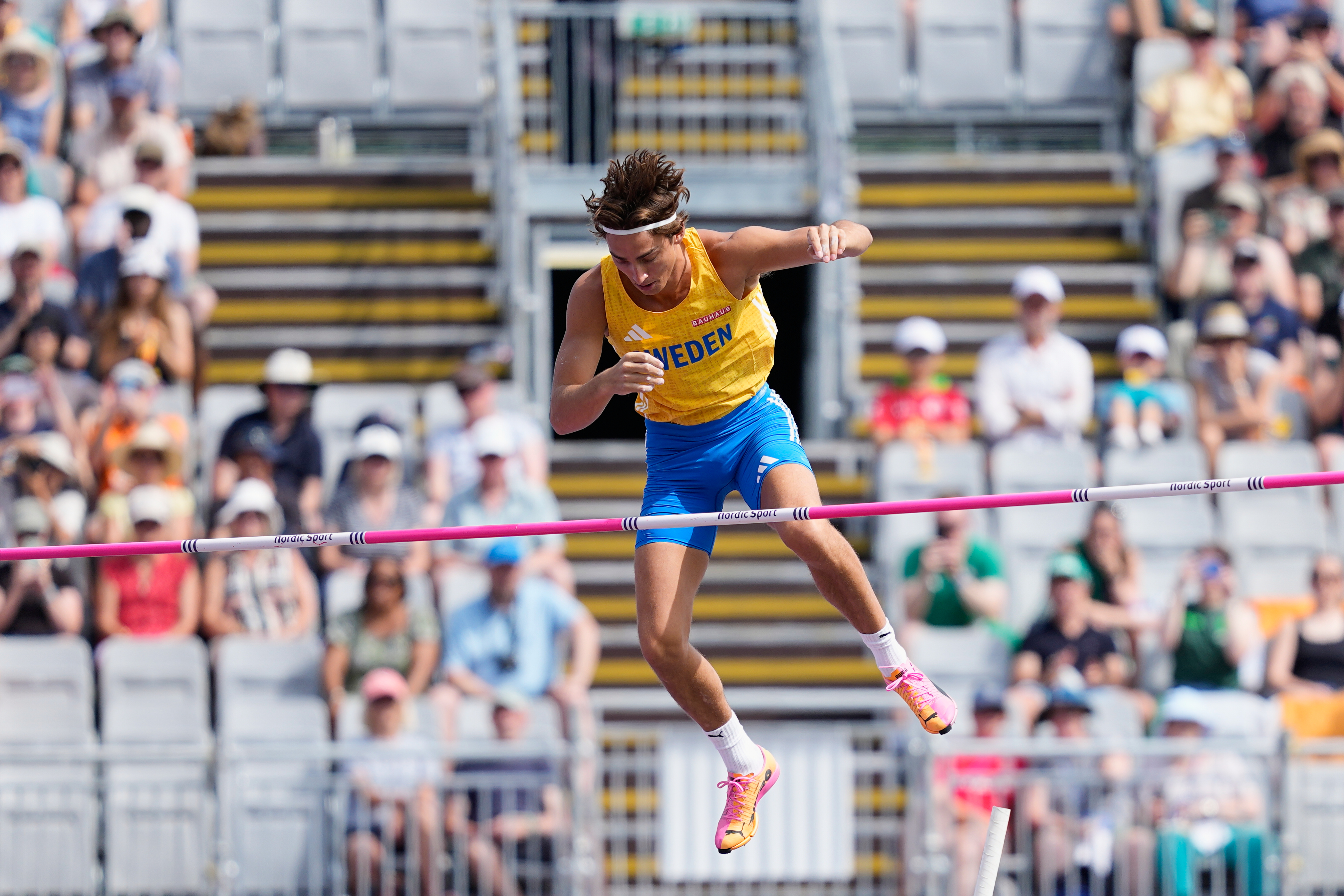 Armand Duplantis of Sweden makes an attempt in the men's pole vault qualifying at the European Athletics Championships in Birmingham, England, Friday, Aug. 14, 2026. 
