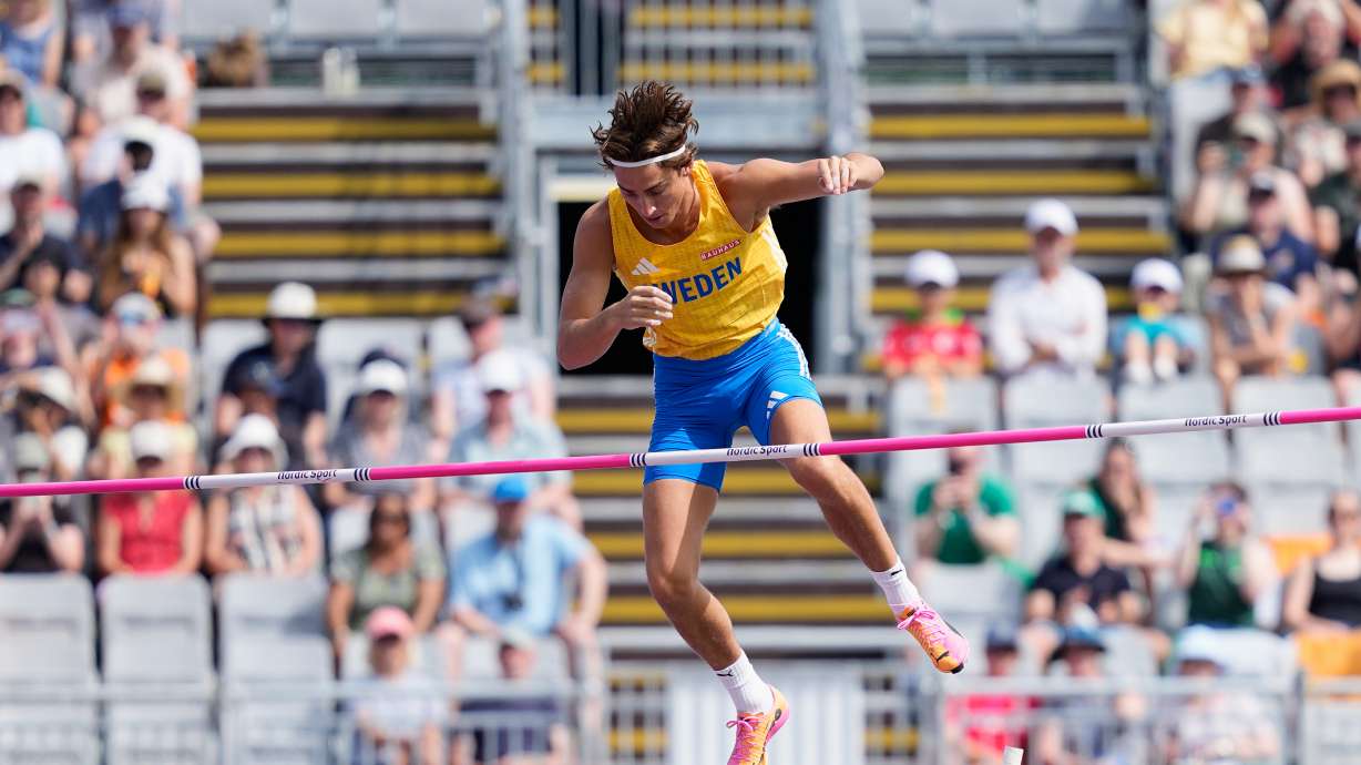 Armand Duplantis of Sweden makes an attempt in the men's pole vault qualifying at the European Athletics Championships in Birmingham, England, Friday, Aug. 14, 2026.