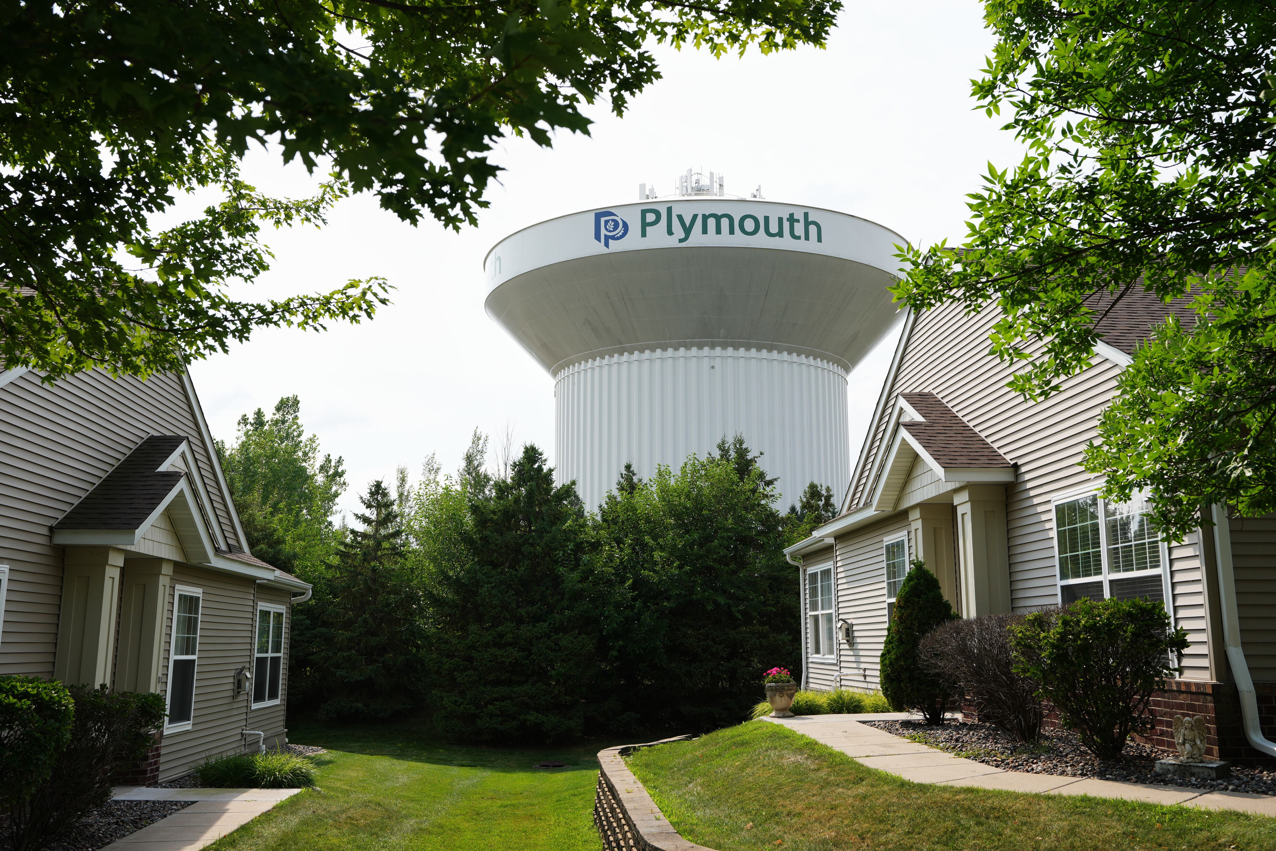 A water tower is seen July 30 in Plymouth, Minn. A cyberattack targeted the operating technology at over 30 water systems in Minnesota, including Plymouth's, earlier this week, state officials said.