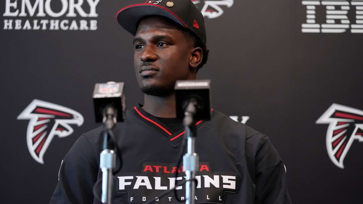 FILE - Atlanta Falcons first-round draft pick James Pearce Jr., speaks during a news conference, Friday, April 25, 2025, in Flowery Branch, Ga.