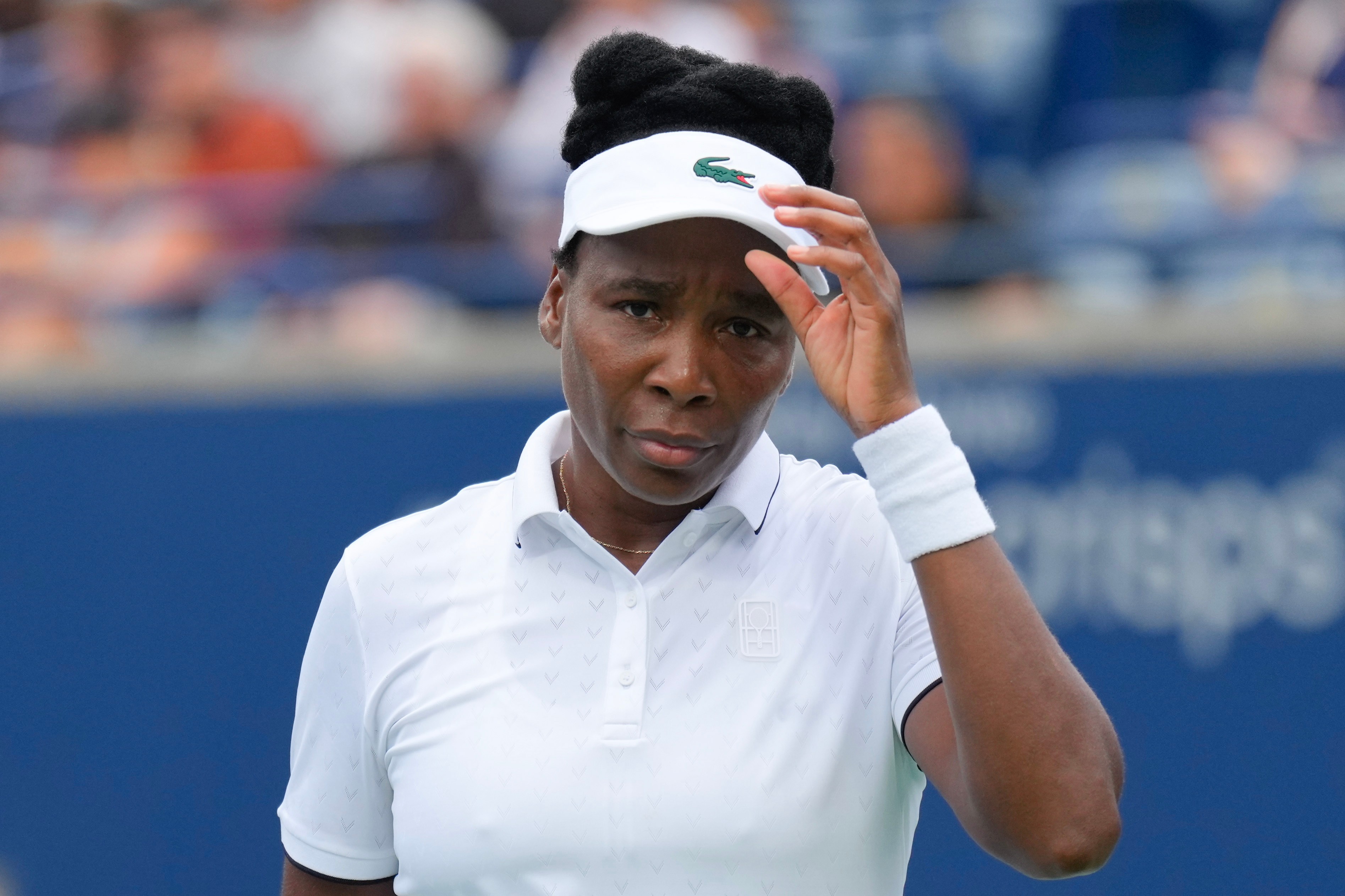 Venus Williams reacts during her straight sets defeat by Kamilla Rakhimova during the National Bank Open tennis tournament in Toronto, Sunday, Aug. 2, 2026. 