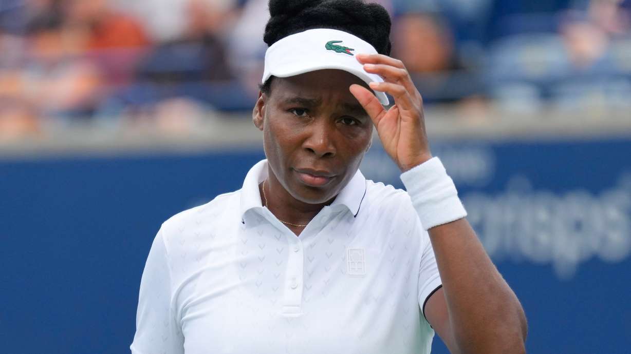 Venus Williams reacts during her straight sets defeat by Kamilla Rakhimova during the National Bank Open tennis tournament in Toronto, Sunday, Aug. 2, 2026.