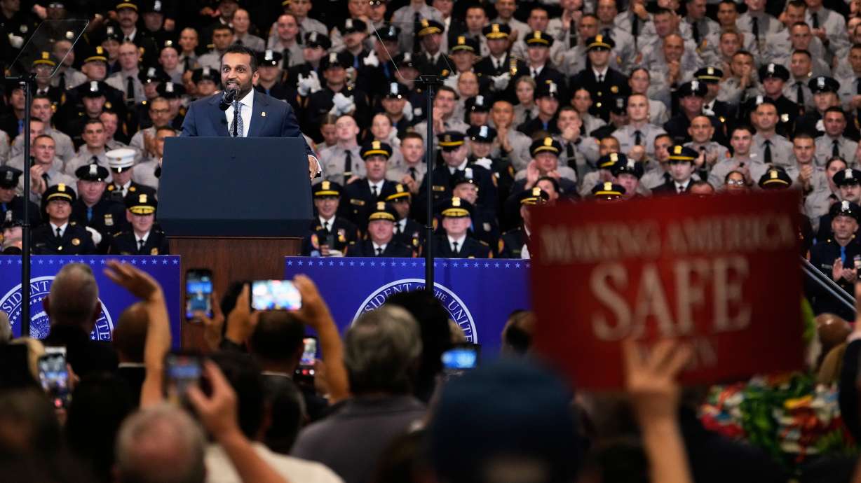 FBI director Kash Patel speaks before President Donald Trump at the David Mack Center for Training and Intelligence, Friday in Garden City, N.Y.