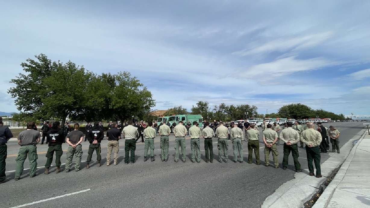 Utah firefighters and first responders salute the two fire pilots killed in a crash near the Widemouth 2 Fire. One week after a deadly firefighting aircraft crash near Richfield, Utah's firefighting and law enforcement community honored the pilots.