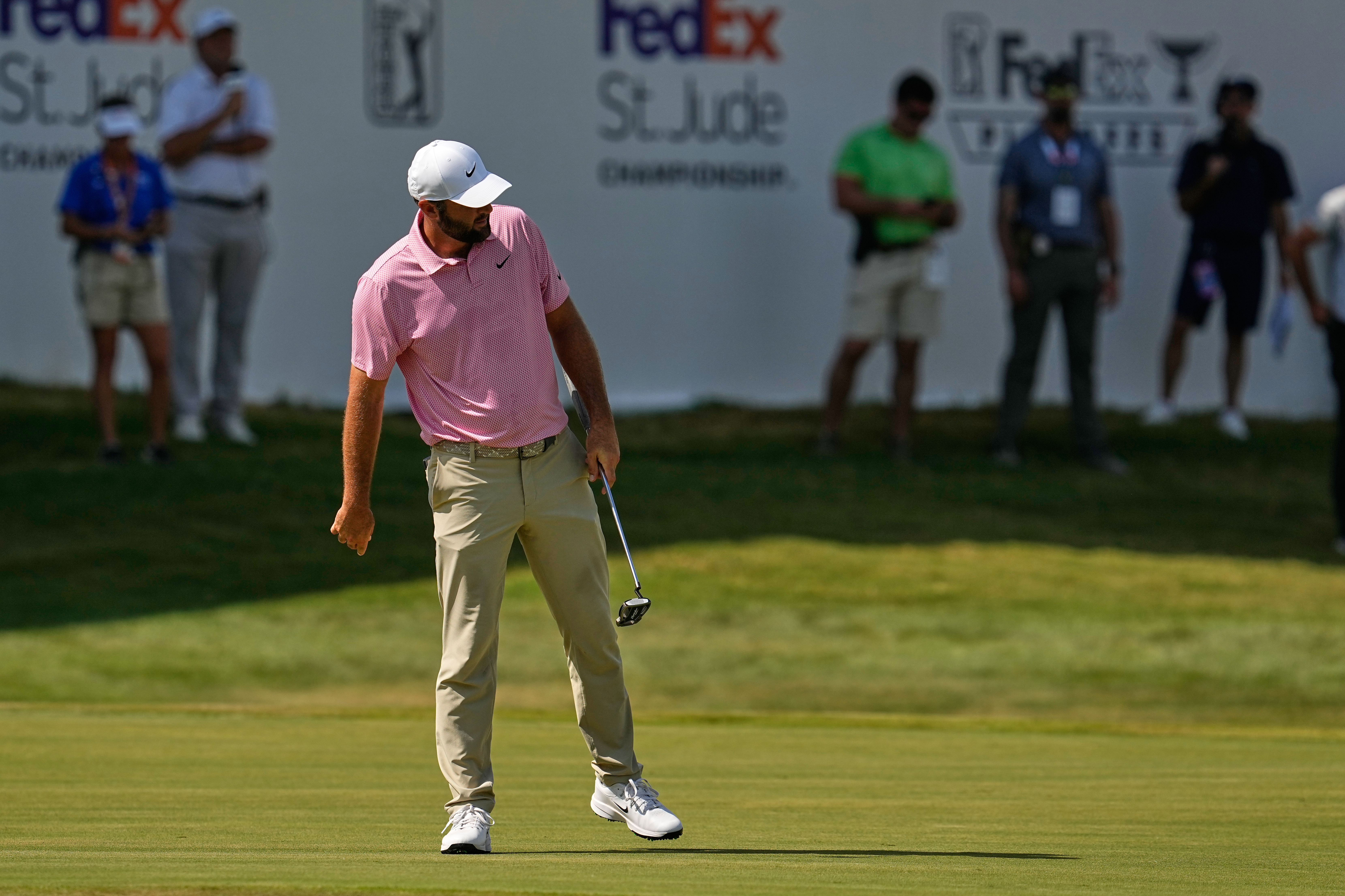 Scottie Scheffler misses a birdie try on the 18th hole during the second round of the St. Jude Championship golf tournament Friday, Aug. 14, 2026, in Memphis, Tenn. 
