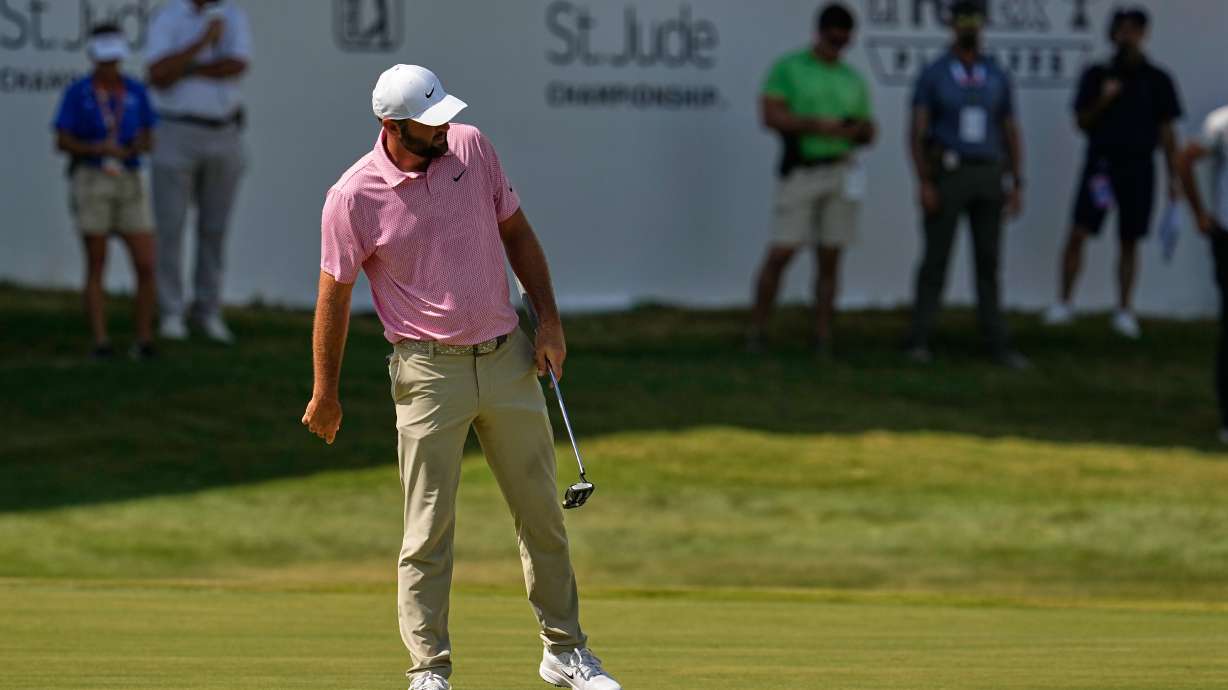 Scottie Scheffler misses a birdie try on the 18th hole during the second round of the St. Jude Championship golf tournament Friday, Aug. 14, 2026, in Memphis, Tenn.
