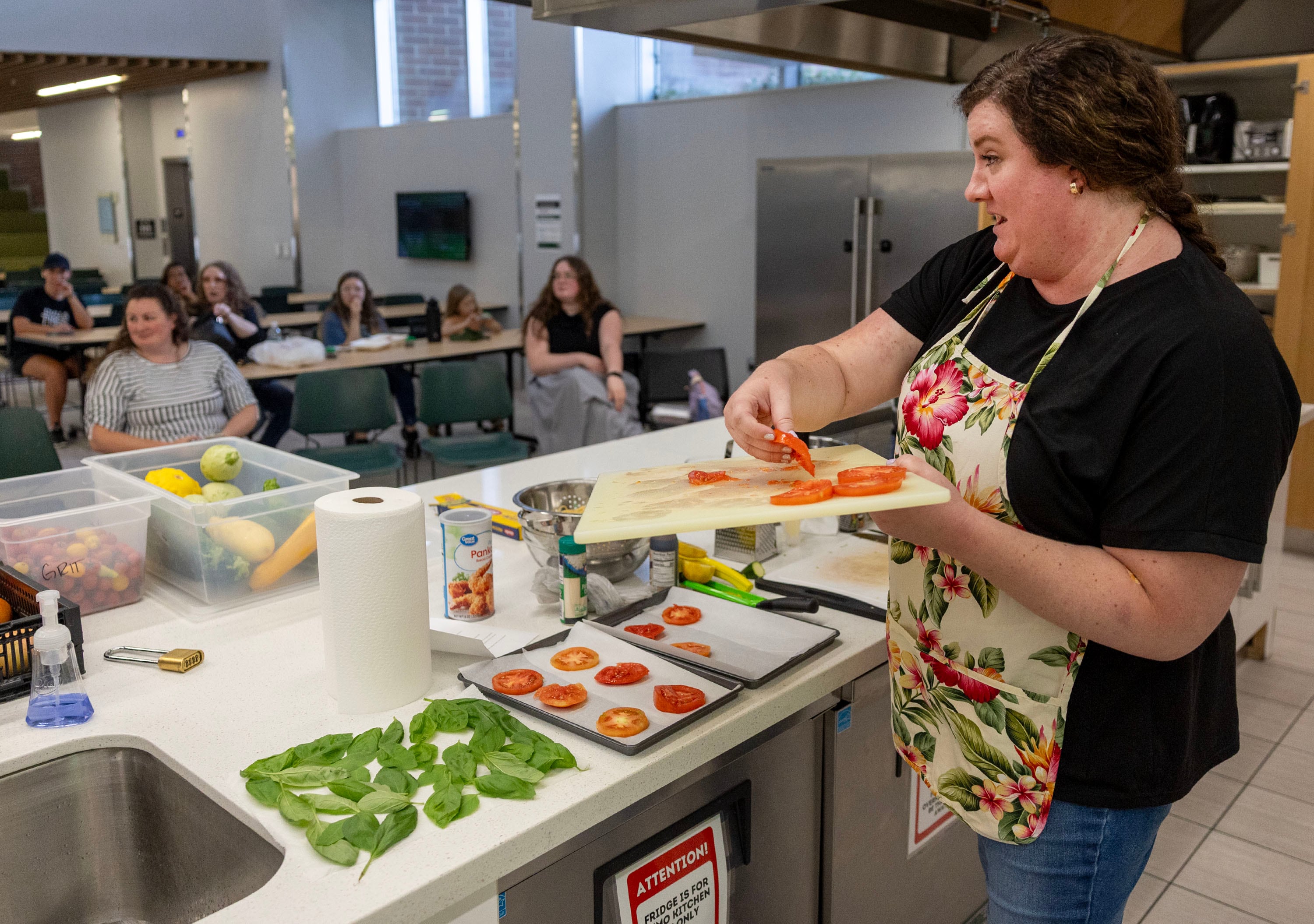 Amanda Kimball prepares zucchini pasta with a roasted caprese crown during a Fresh Food Friday budget cooking class at Utah Valley University in Orem on Friday.