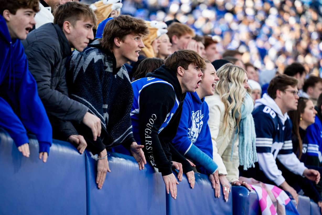 BYU students cheer during an NCAA football game against the UCF Knights held at LaVell Edwards Stadium in Provo on Nov. 29, 2025.