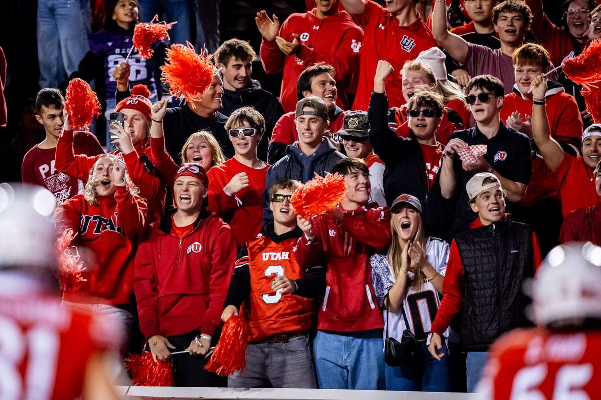 Utah Utes fans cheer after the Utah Utes score a touchdown during an NCAA football game at Rice-Eccles Stadium against the Colorado Buffaloes in Salt Lake City on Oct. 25, 2025.