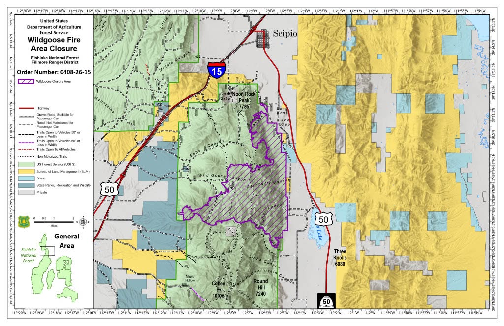 This map shows the updated closure area south of Scipio in Millard County that goes into effect on Saturday, August 15, 2026 at 5 p.m.