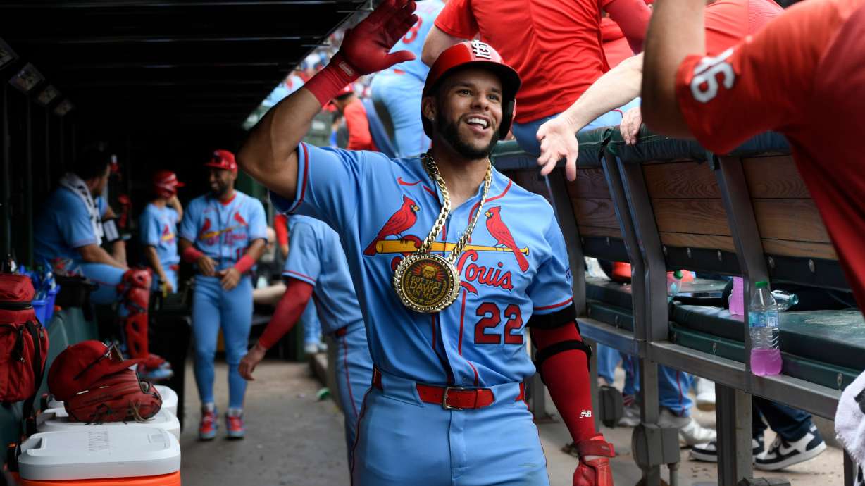 St. Louis Cardinals' Joshua Baez (22) celebrates with teammates in the dugout after hitting a solo home run during the fourth inning of a baseball game against the Chicago Cubs in Chicago, Saturday, Aug. 15, 2026.