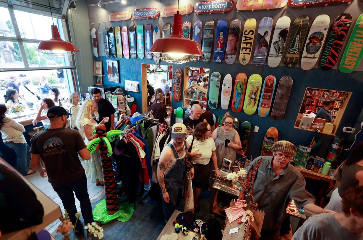 People fill Storyboard book, skate and coffee shop during a book release event for store owner Claire Carusillo’s novel “The Responsible Party,” in Midway on Aug. 10. Carusillo recently opened Storyboard with Galen DeKemper.
