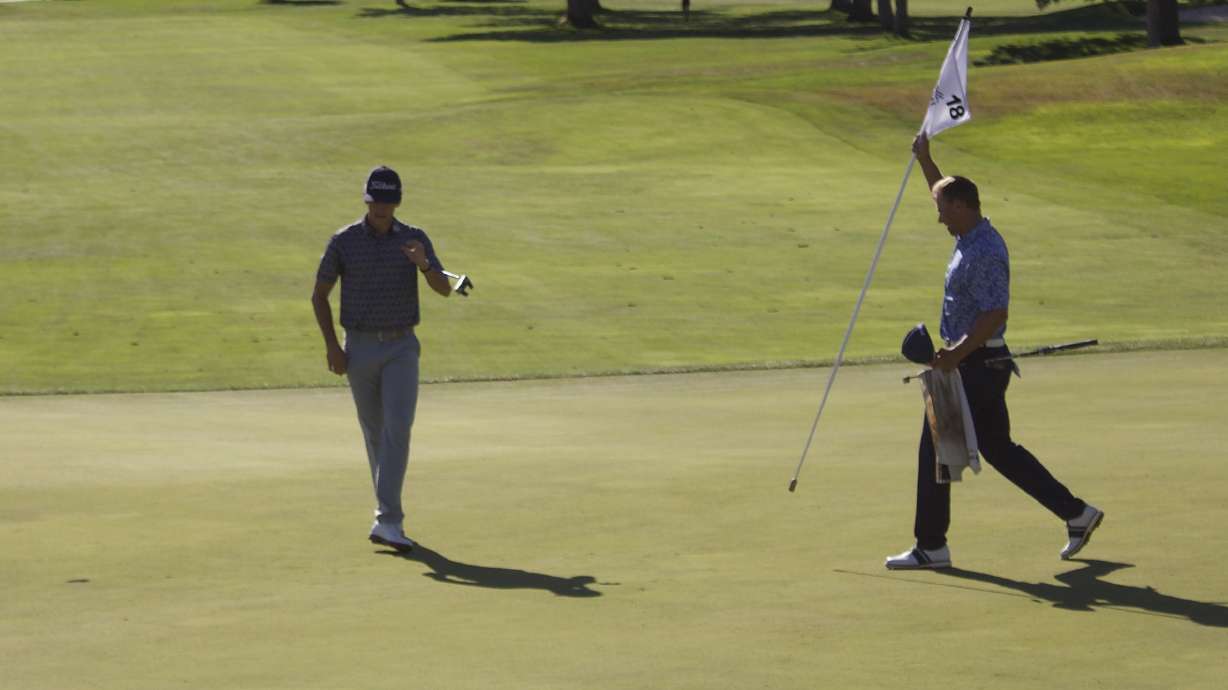 Former Utah golfer Blake Tomlinson heads to turn in his scorecard after shooting 10-under to take a 36-hole lead at the 100th edition of the Larry H. Miller Utah Open, Saturday, Aug. 15, 2026 at Riverside Country Club in Provo.
