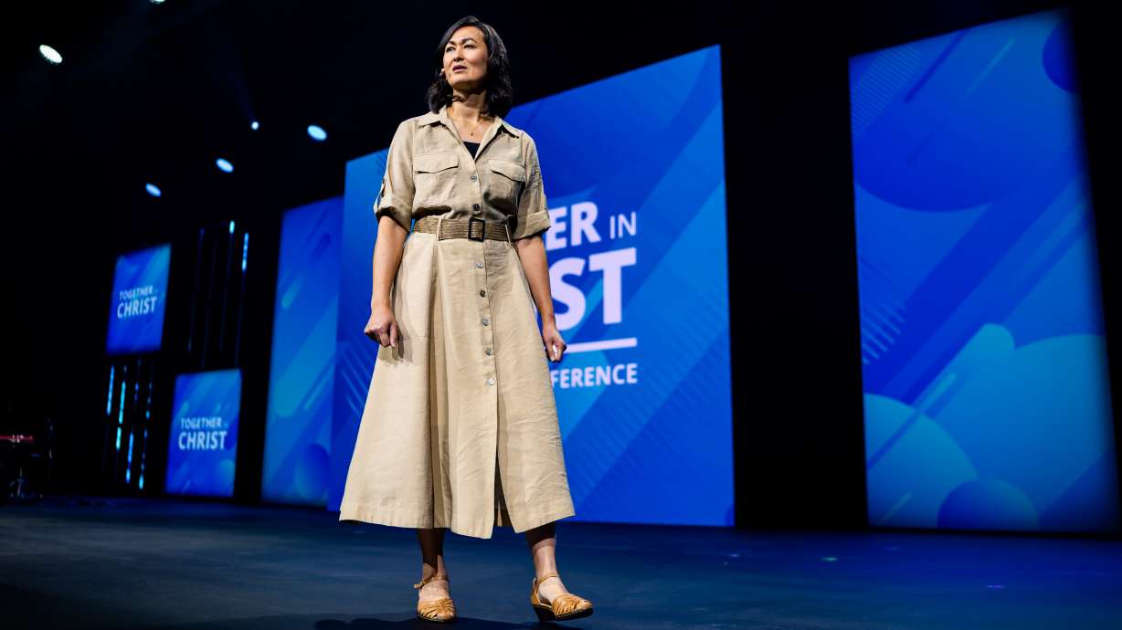 Sister Kristin M. Yee delivers the keynote address during the 2026 Utah Area YSA Conference at the Salt Palace Convention Center in Salt Lake City on Saturday.