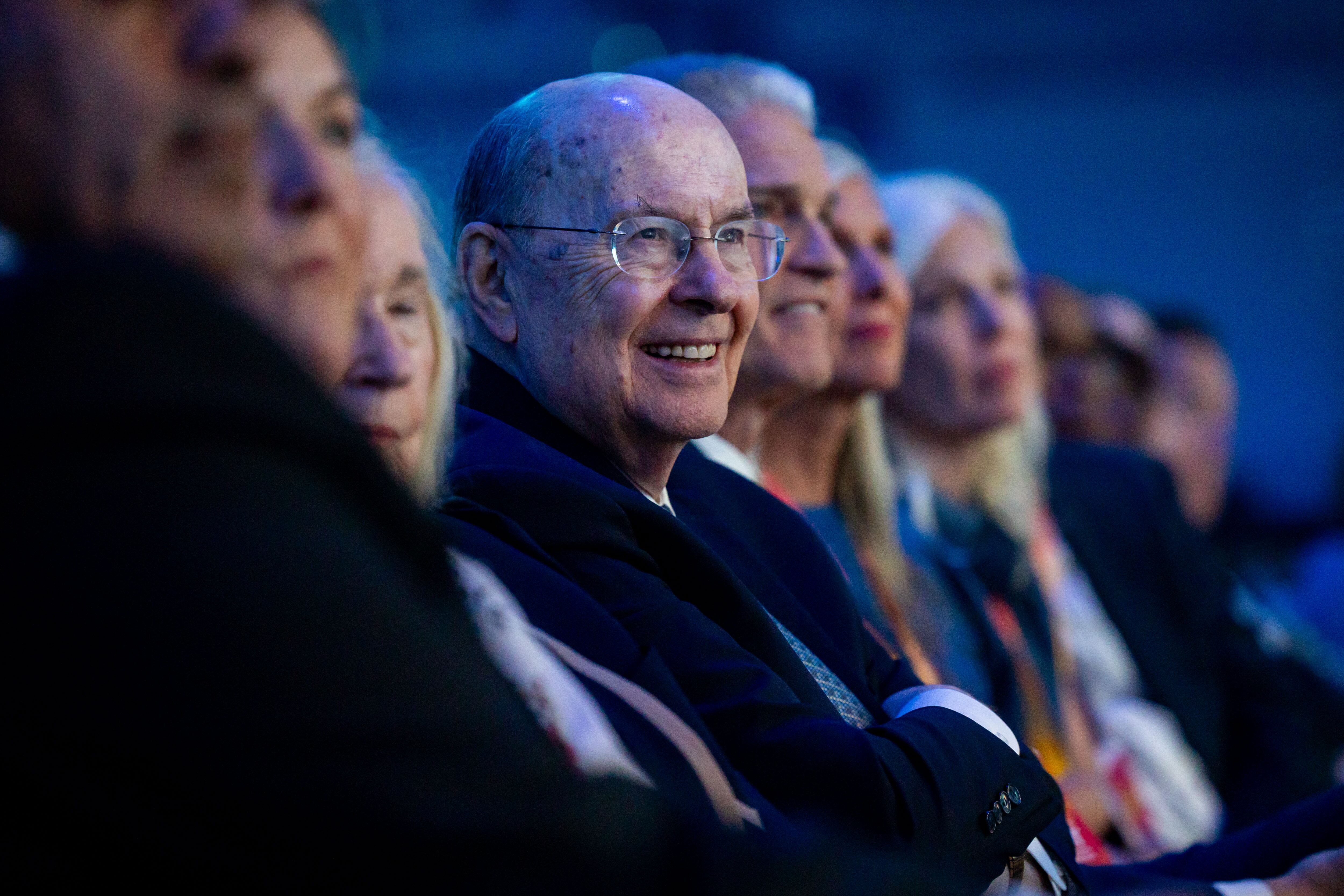 Elder Quentin L. Cook of the Quorum of the Twelve Apostles, center, listens to Sister Kristin M. Yee deliver the keynote address during the 2026 Utah Area YSA Conference at the Salt Palace Convention Center  in Salt Lake City on Saturday, Aug. 15, 2026.