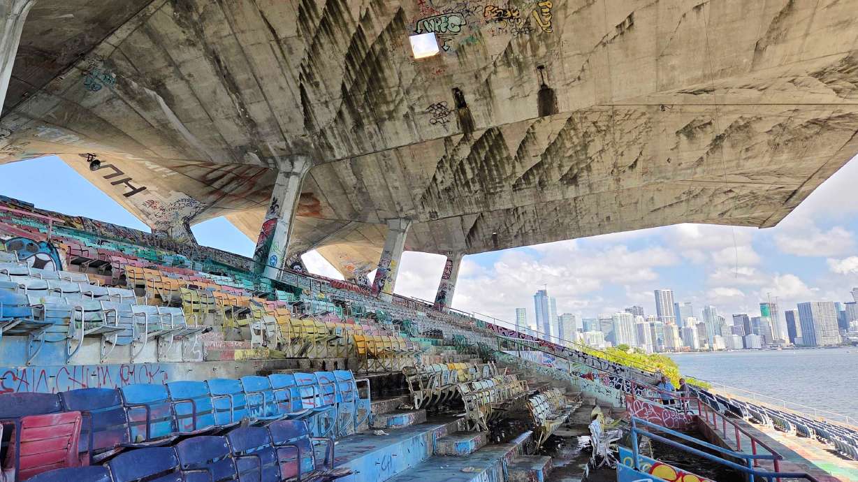 A concrete roof cantilevers over the Miami Marine Stadium on Tuesday, Aug. 11, 2026, in Miami.