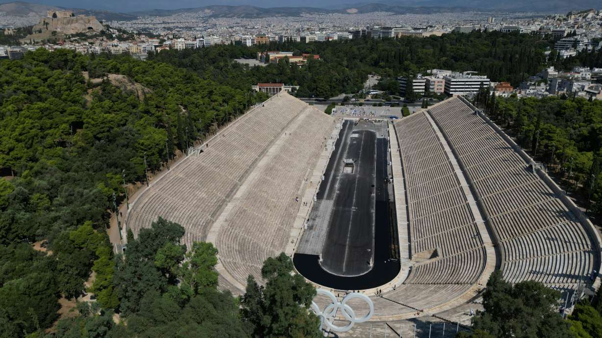An aerial view of the Panathenaic Stadium, also known as "Kallimarmaro, or beautiful marble," which hosted the first modern Olympic Games in 1896, is seen during renovation work in Athens, Greece, Thursday, Aug. 13, 2026.