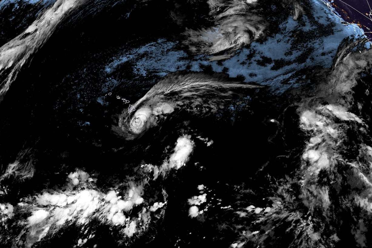 This satellite image released by NOAA shows Tropical Storm Lala over the Pacific Ocean, near Hawaii, on Saturday.