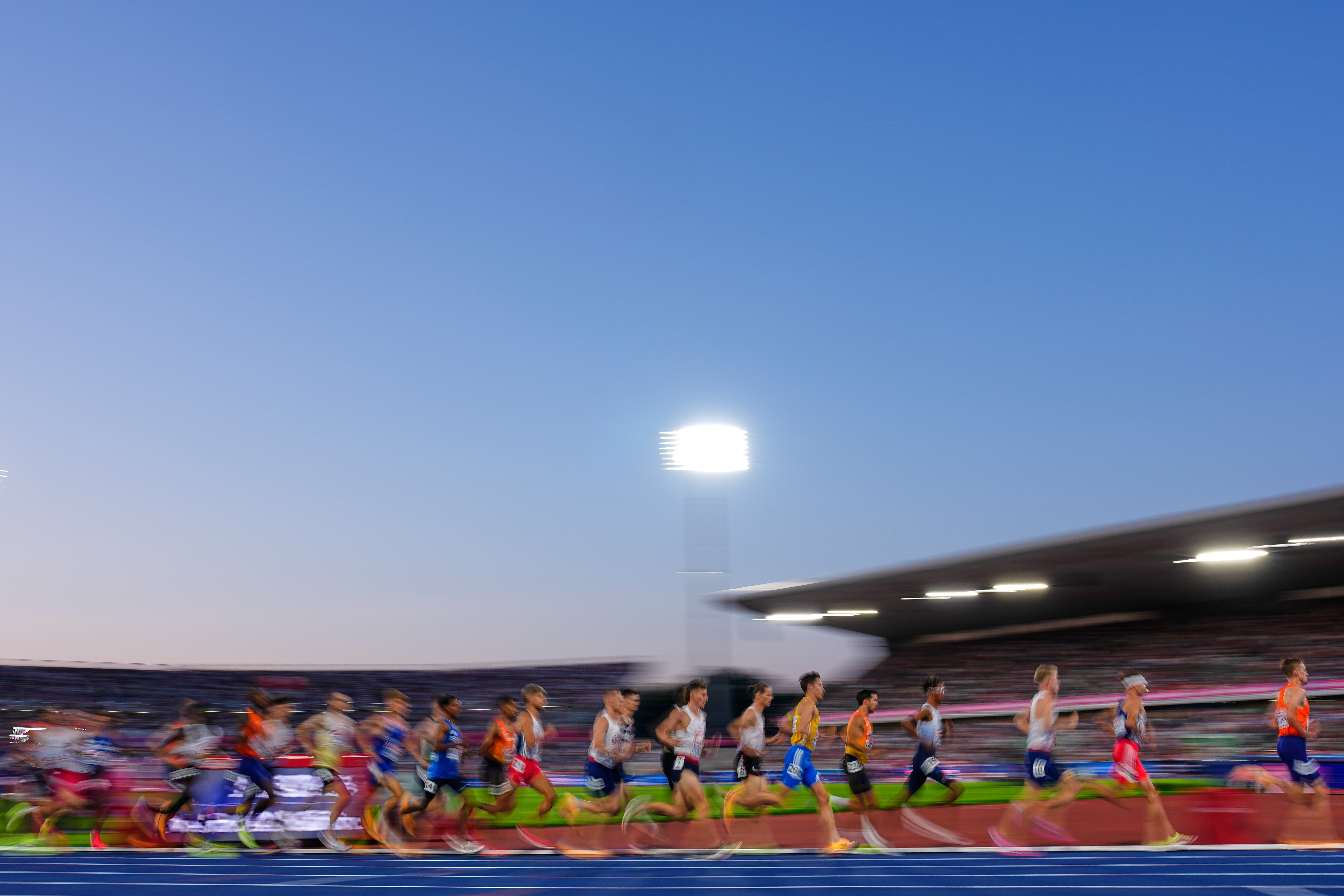 Athletes race in the men's 10,000 meters final at the European Athletics Championships in Birmingham, England, Saturday, Aug. 15, 2026. 