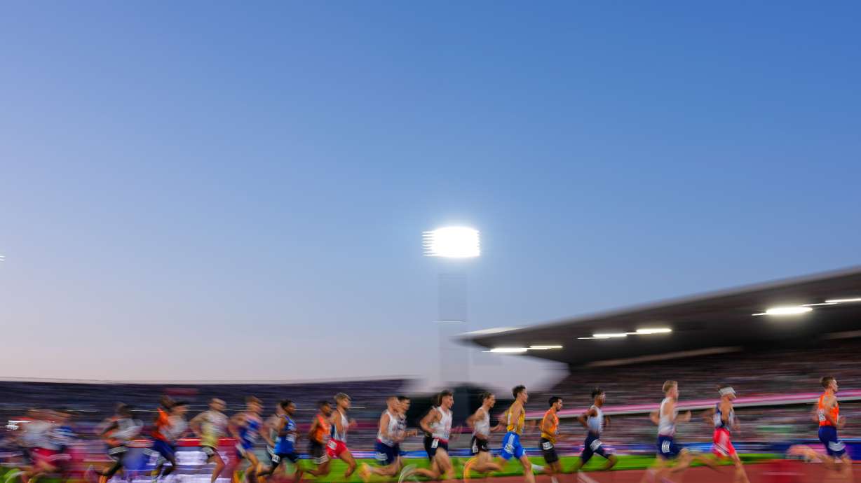 Athletes race in the men's 10,000 meters final at the European Athletics Championships in Birmingham, England, Saturday, Aug. 15, 2026.