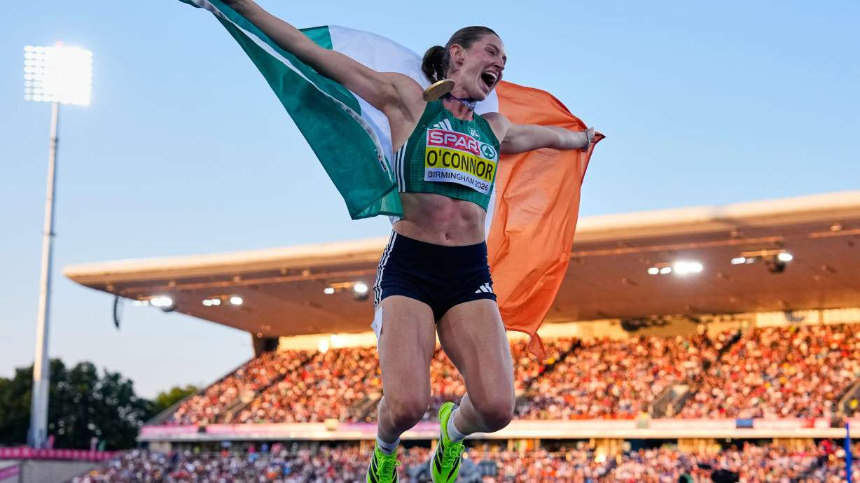 Ireland's Kate O'Connor celebrates after winning the gold medal in the heptathlon at the European Athletics Championships in Birmingham, England, Saturday, Aug. 15, 2026.