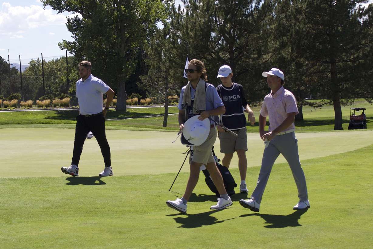 Former BYU golfer Cole Ponich, right, finished second at the 100th Larry H. Miller Utah Open, Sunday, Aug. 16, 2026 at Riverside Country Club in Provo.