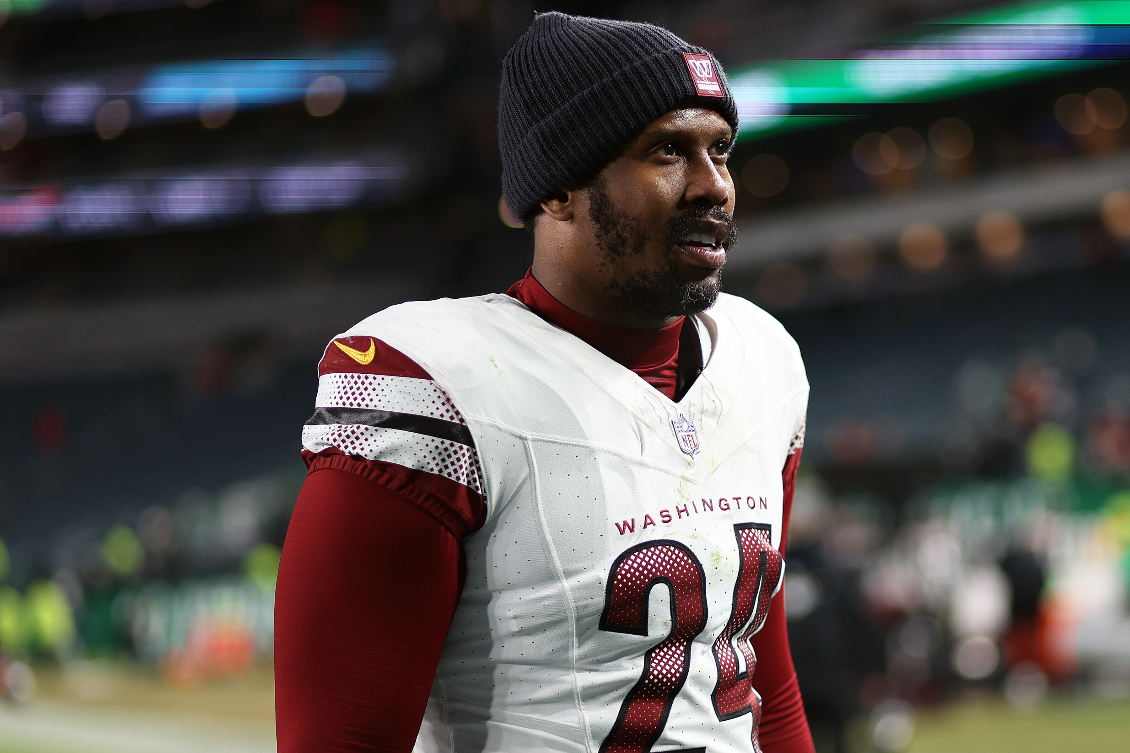 FILE - Washington Commanders linebacker Von Miller (24) looks on after an NFL football game against the Philadelphia Eagles, on Jan. 4, 2026, in Philadelphia. 