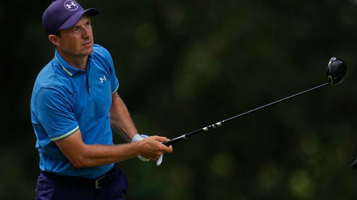 Jordan Spieth watches his tee shot on the seventh hole during the third round of the St. Jude Championship golf tournament Saturday, Aug. 15, 2026, in Memphis, Tenn.