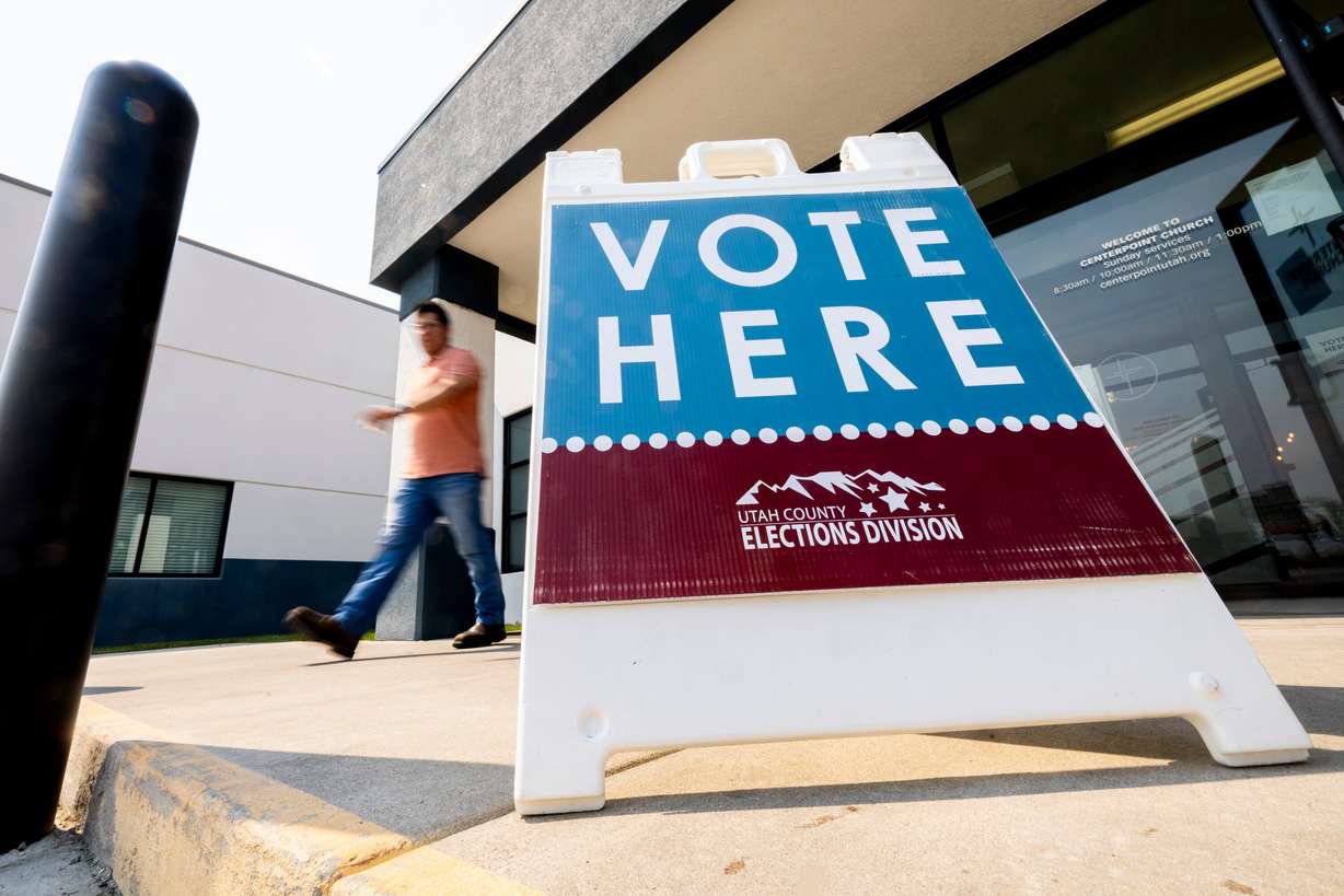 A person exits CenterPoint Church in Orem during Utah’s primary election on June 23.