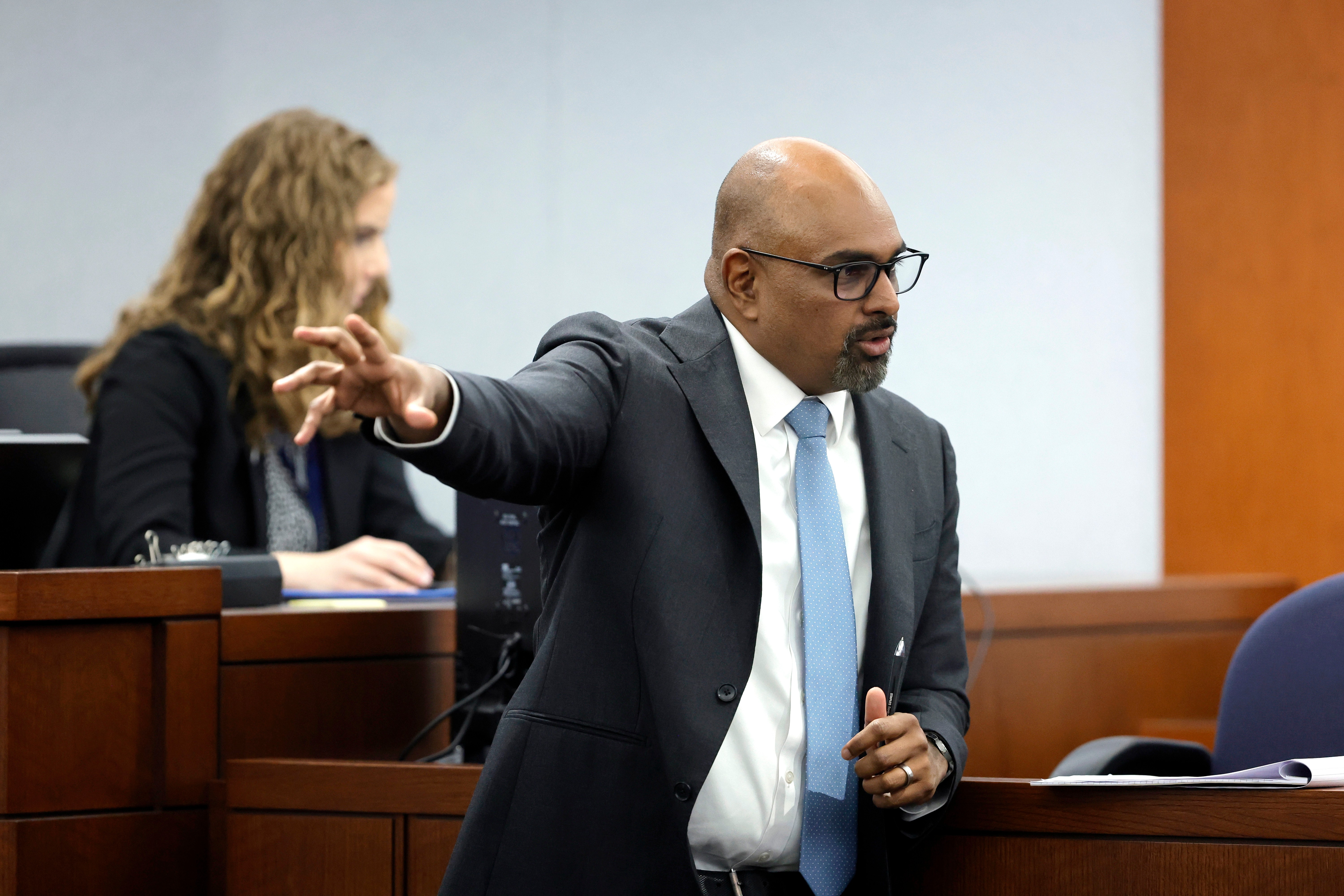 Chief Deputy District Attorney Binu Palal questions a prospective juror during the third day of jury selection in Duane Davis murder trial, related to the 1996 killing of rapper Tupac Shakur, at Clark County District Court Regional Justice Center on Wednesday in Las Vegas.