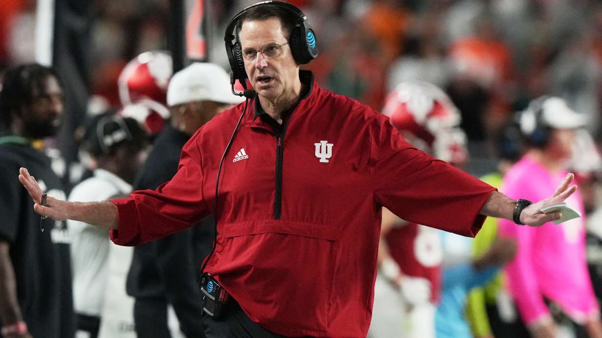 FILE - Indiana head coach Curt Cignetti reacts during the second half of the College Football Playoff national championship game against Miami, Jan. 19, 2026, in Miami Gardens, Fla.