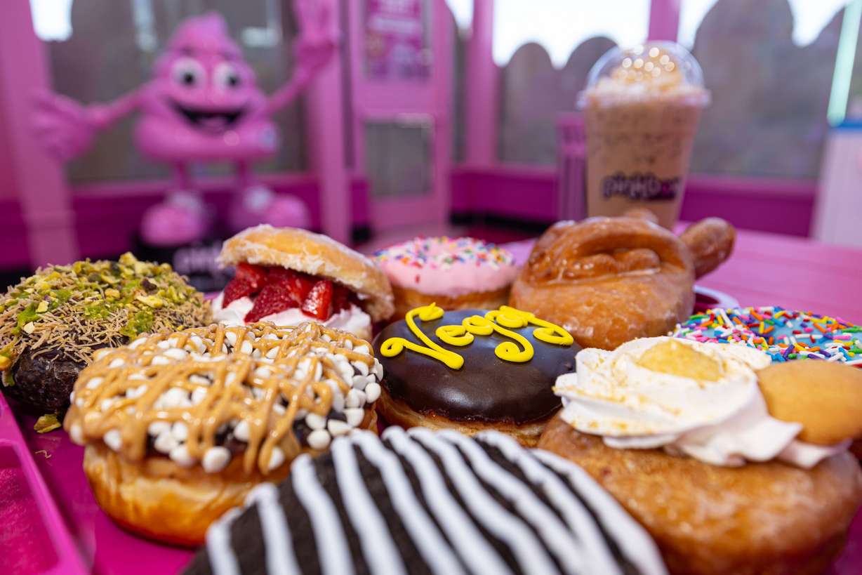 A selection of doughnuts is displayed at the new Pinkbox Doughnuts located at 10235 State St. in Sandy on Sunday.