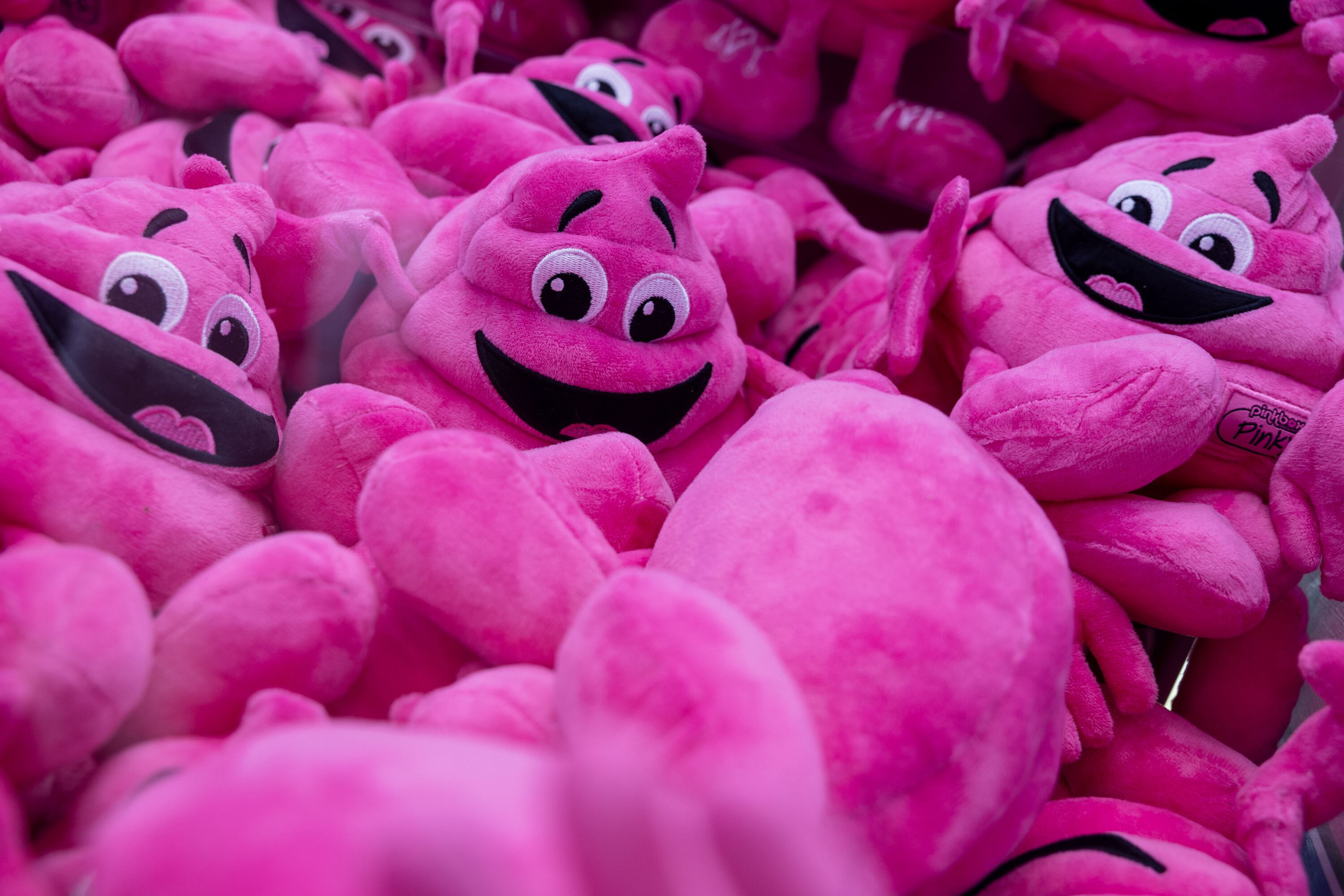 Pinky stuffed animals wait to be plucked inside of a claw machine at the new Pinkbox Doughnuts located at 10235 State St. in Sandy on Sunday.