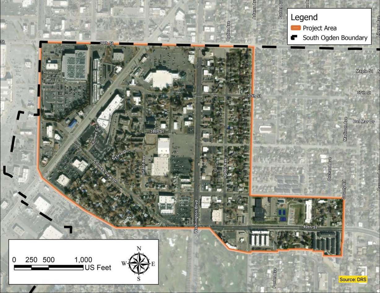 South Ogden leaders envision a bustling new city center within a 61-acre expanse along Washington Boulevard in a plan to be considered Tuesday by the City Council. The photo shows the project area, outlined in orange.